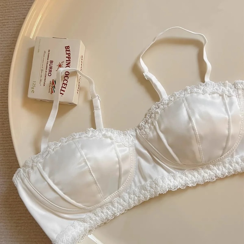 Sexy French Satin Underwire Bra with Lace Rimmed Seashell Cup Thin Half Cup Lingerie for Women