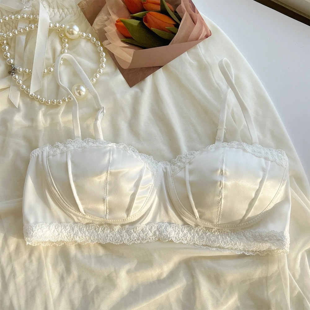 Sexy French Satin Underwire Bra with Lace Rimmed Seashell Cup Thin Half Cup Lingerie for Women