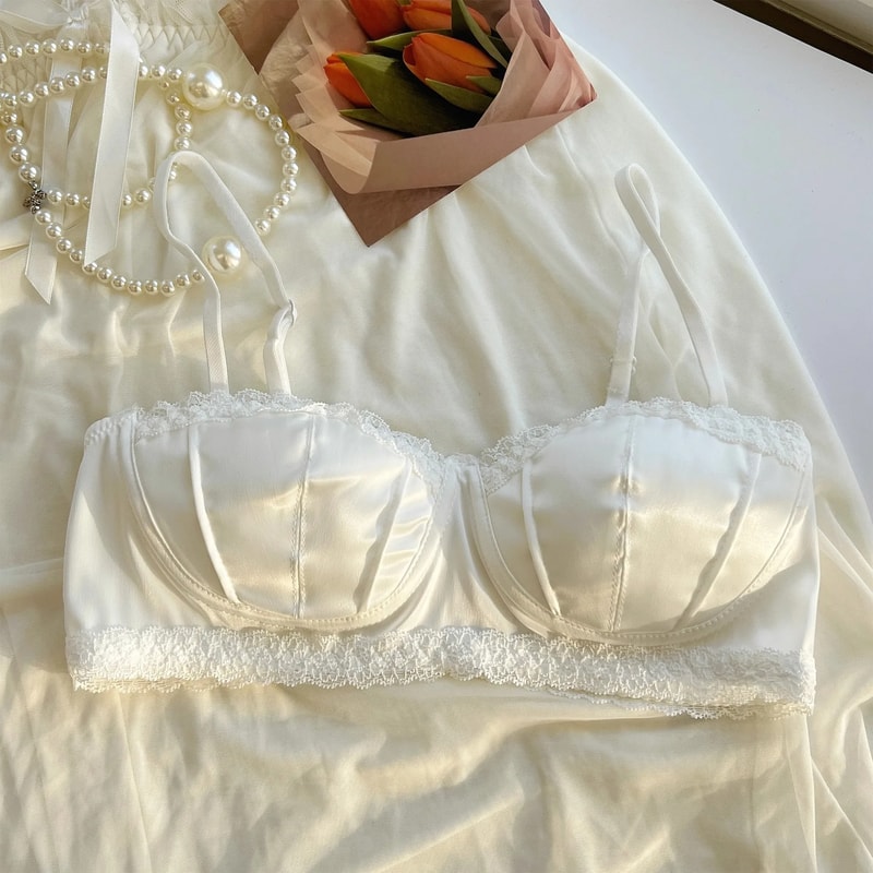 Sexy French Satin Underwire Bra with Lace Rimmed Seashell Cup Thin Half Cup Lingerie for Women