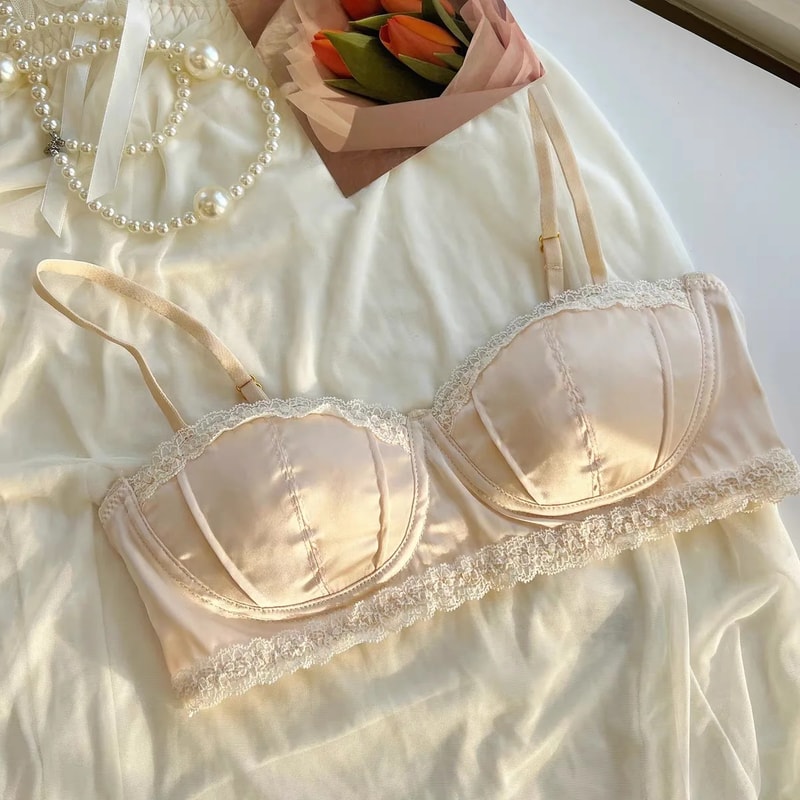 Sexy French Satin Underwire Bra with Lace Rimmed Seashell Cup Thin Half Cup Lingerie for Women