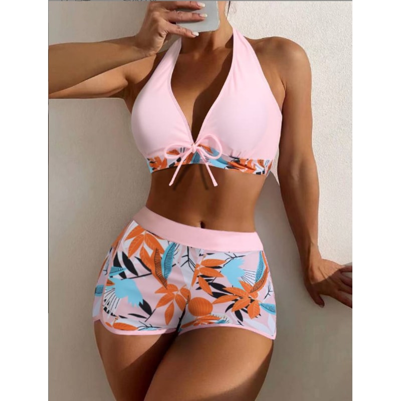 Women Spliced Lace Up Fashion Printed Bikini Set Surfing Bathing Suit Swimwear 0