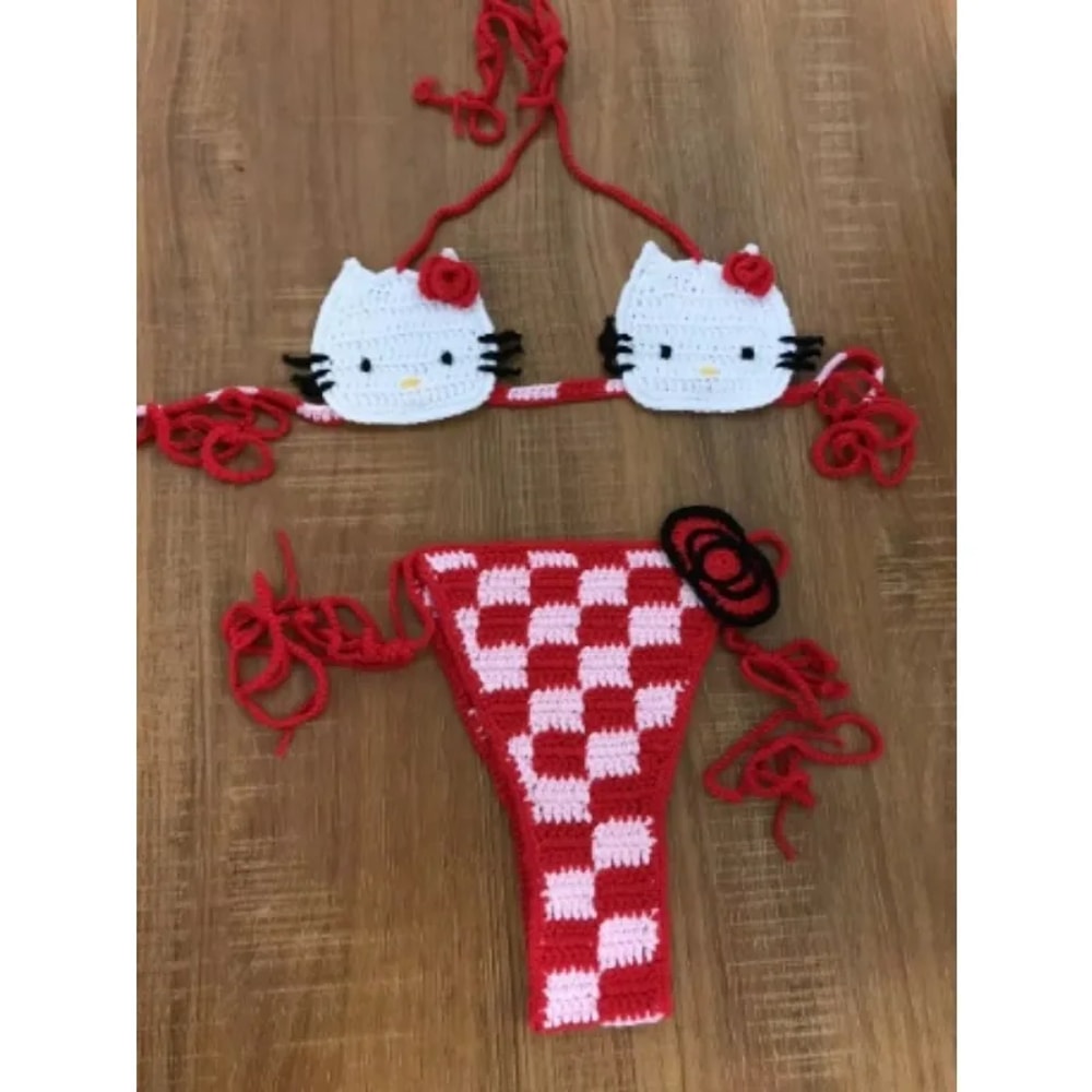 Hello Kitty Sexy Swimsuit Crochet Bikinis Set Thongs Bathing Suit Cute Ladys Micro Bikini Womens Sw 0
