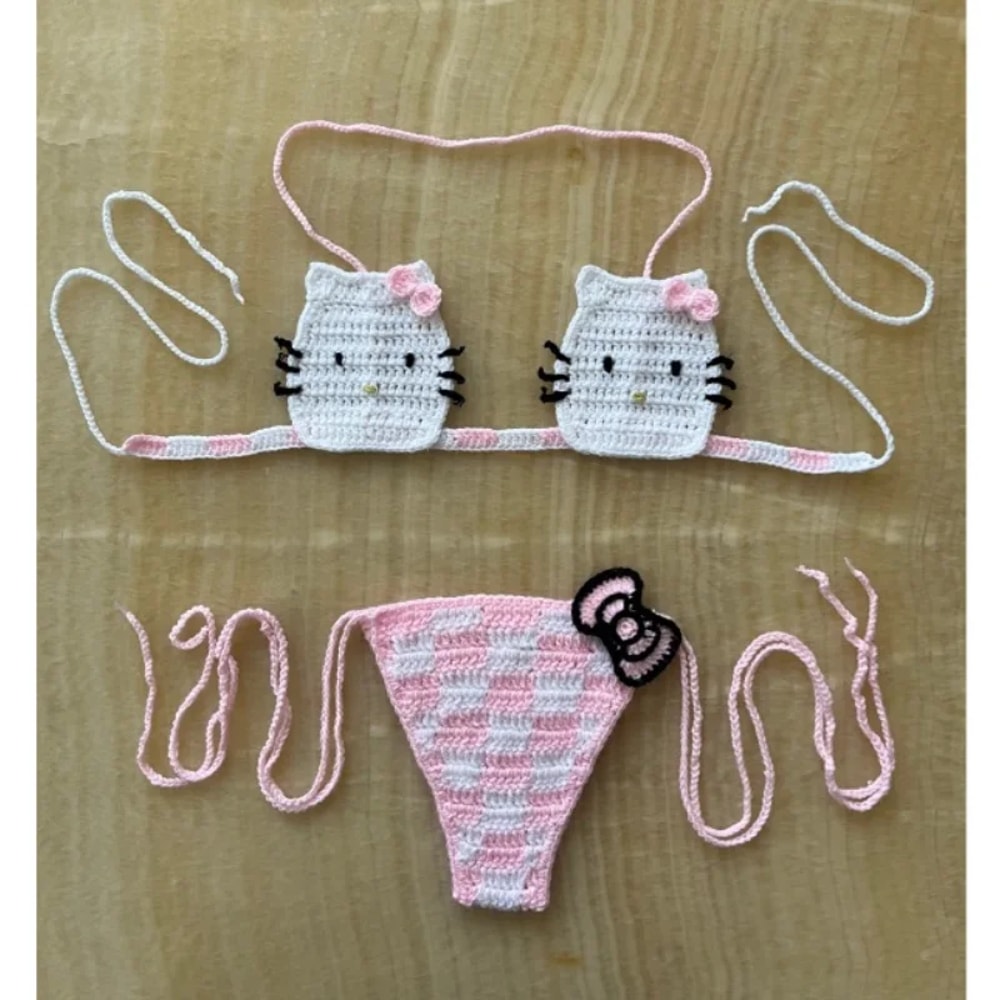 Hello Kitty Sexy Swimsuit Crochet Bikinis Set Thongs Bathing Suit Cute Ladys Micro Bikini Womens Sw 2