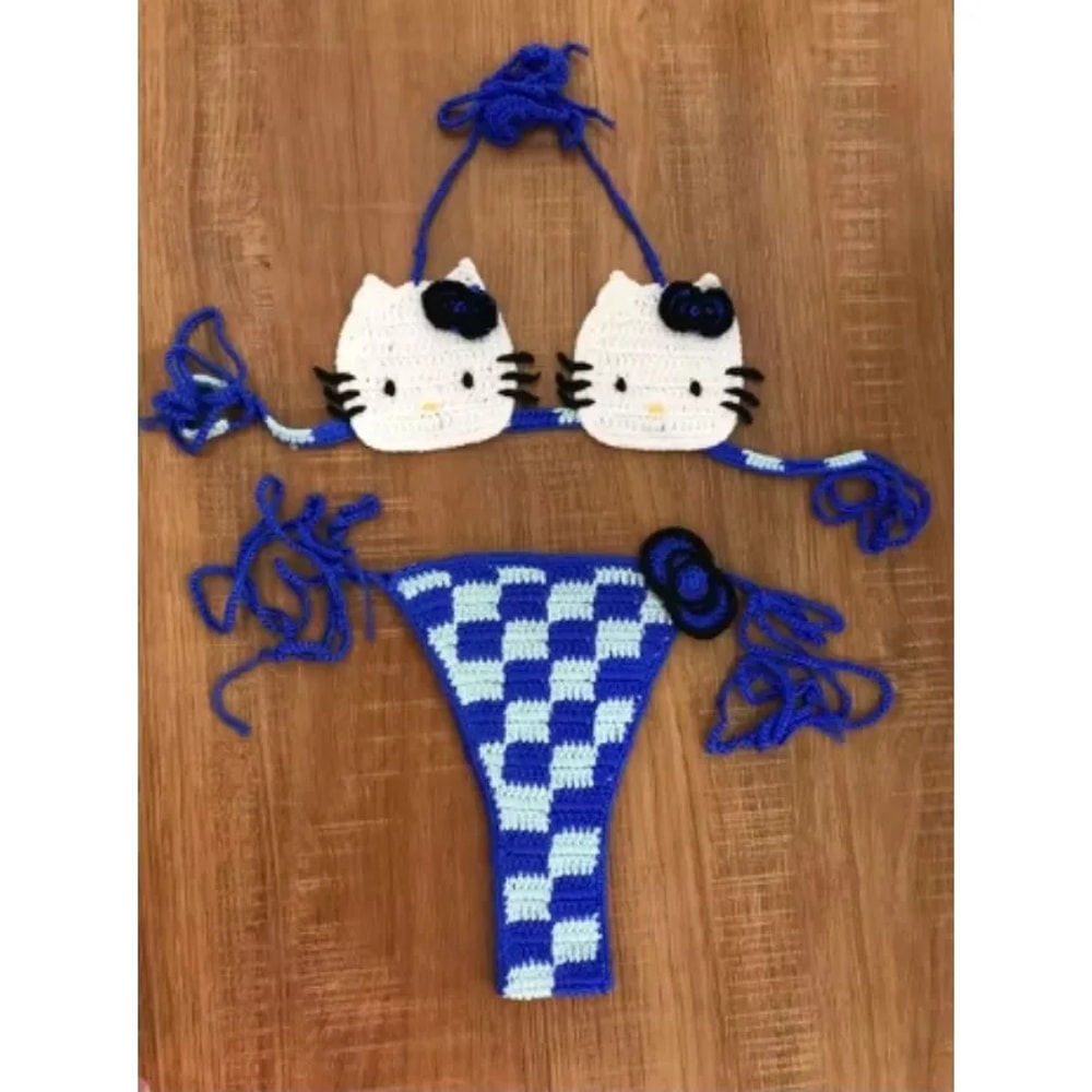 Hello Kitty Sexy Swimsuit Crochet Bikinis Set Thongs Bathing Suit Cute Ladys Micro Bikini Womens Sw 3