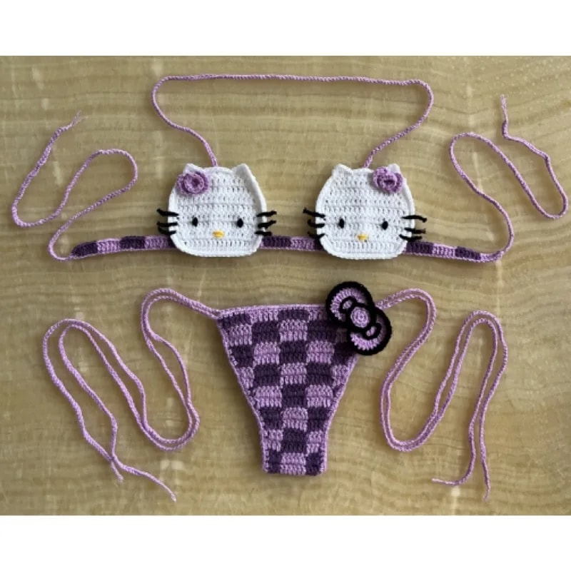 Hello Kitty Sexy Swimsuit Crochet Bikinis Set Thongs Bathing Suit Cute Ladys Micro Bikini Womens Sw 4