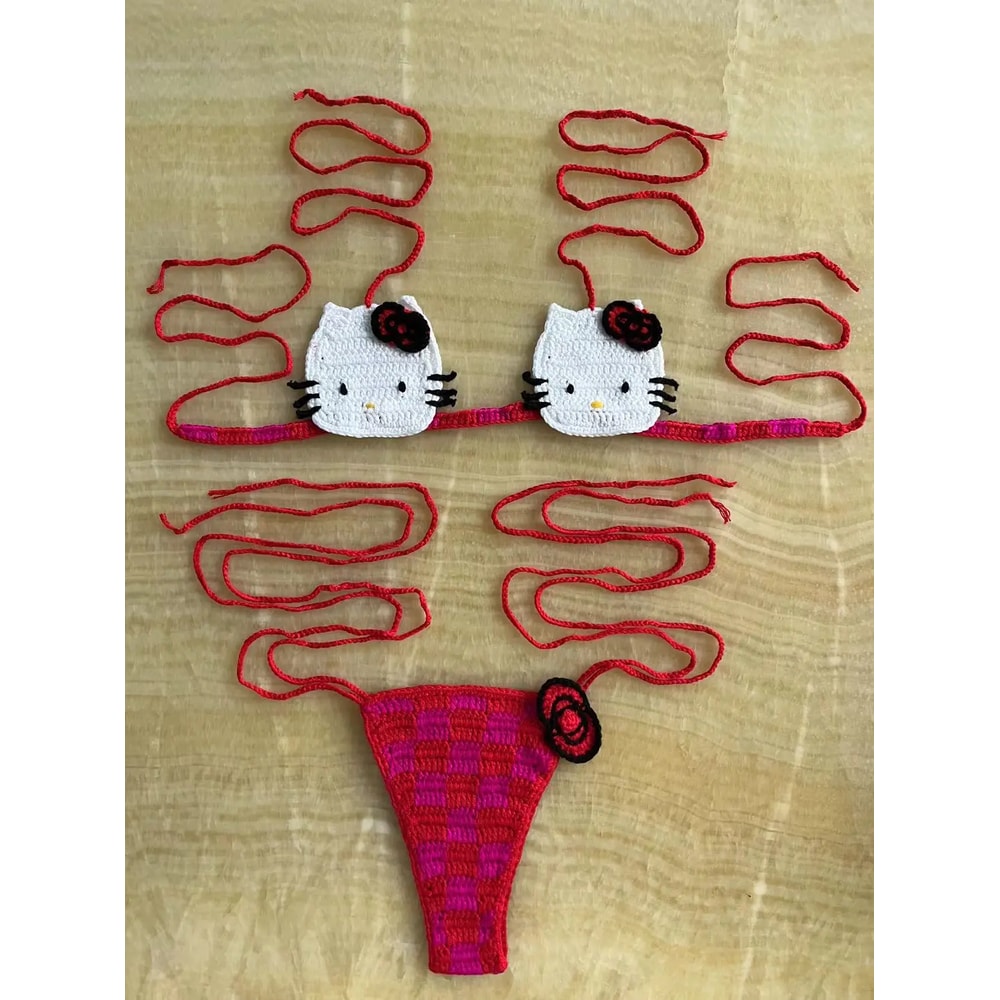 Hello Kitty Sexy Swimsuit Crochet Bikinis Set Thongs Bathing Suit Cute Ladys Micro Bikini Womens Sw 5