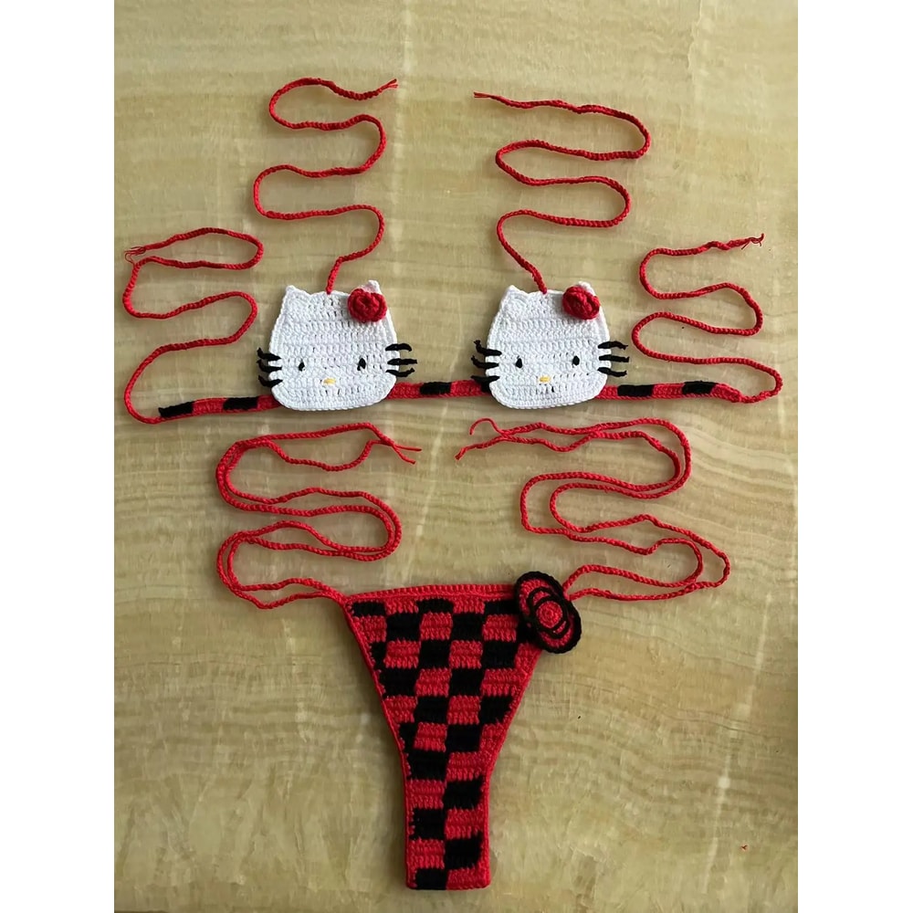 Hello Kitty Sexy Swimsuit Crochet Bikinis Set Thongs Bathing Suit Cute Ladys Micro Bikini Womens Sw 6