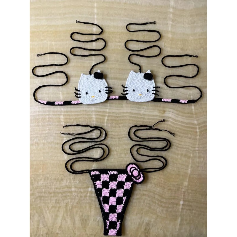 Hello Kitty Sexy Swimsuit Crochet Bikinis Set Thongs Bathing Suit Cute Ladys Micro Bikini Womens Sw 7