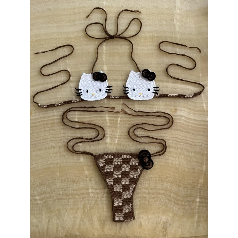 Hello Kitty Sexy Swimsuit Crochet Bikinis Set Thongs Bathing Suit Cute Ladys Micro Bikini Womens Sw 8