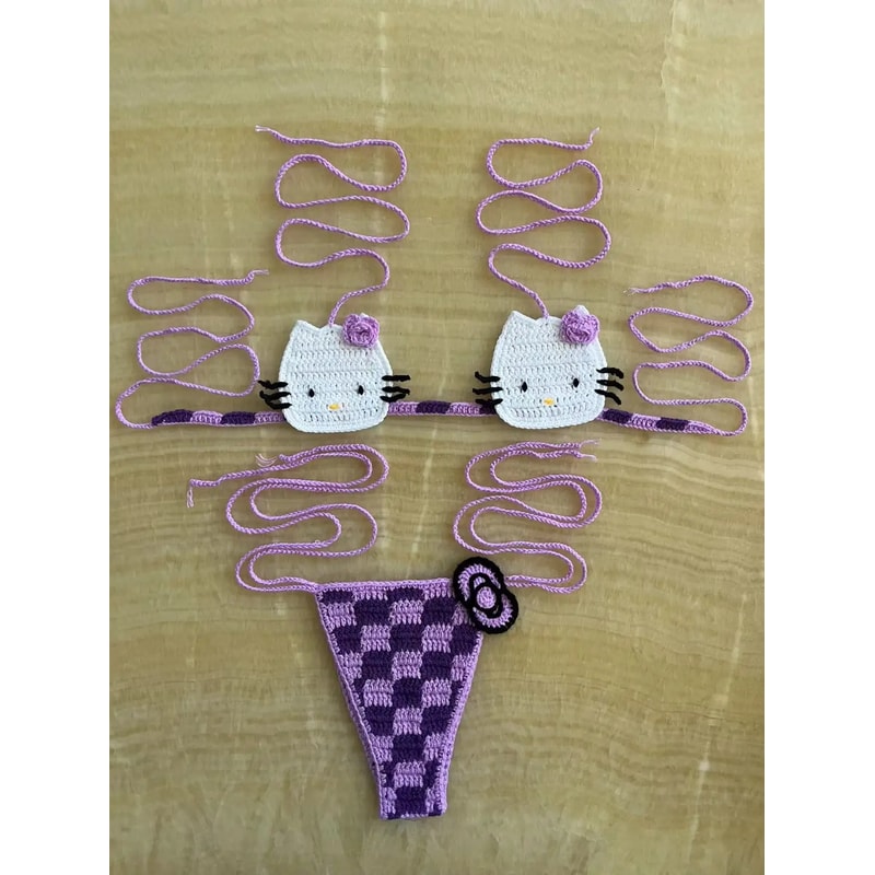 Hello Kitty Sexy Swimsuit Crochet Bikinis Set Thongs Bathing Suit Cute Ladys Micro Bikini Womens Sw 9