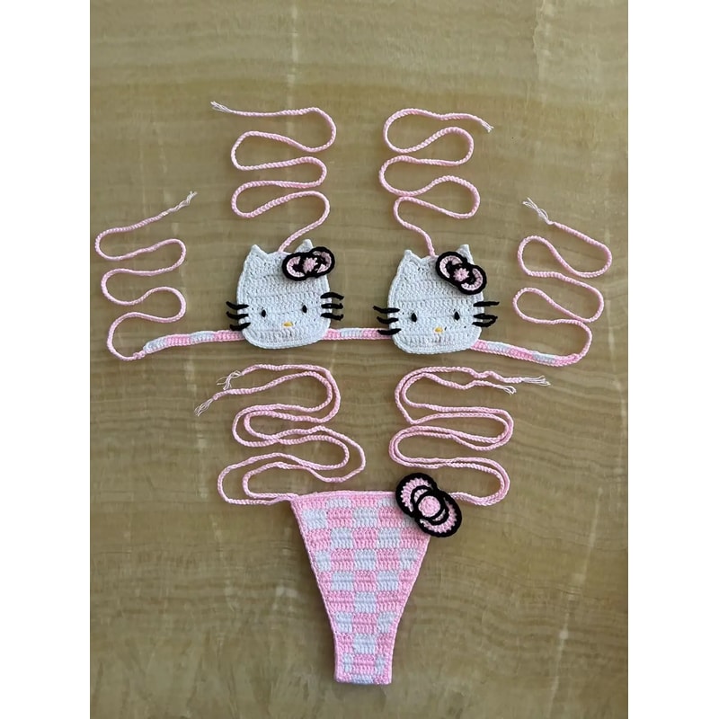Hello Kitty Sexy Swimsuit Crochet Bikinis Set Thongs Bathing Suit Cute Ladys Micro Bikini Womens Sw 10