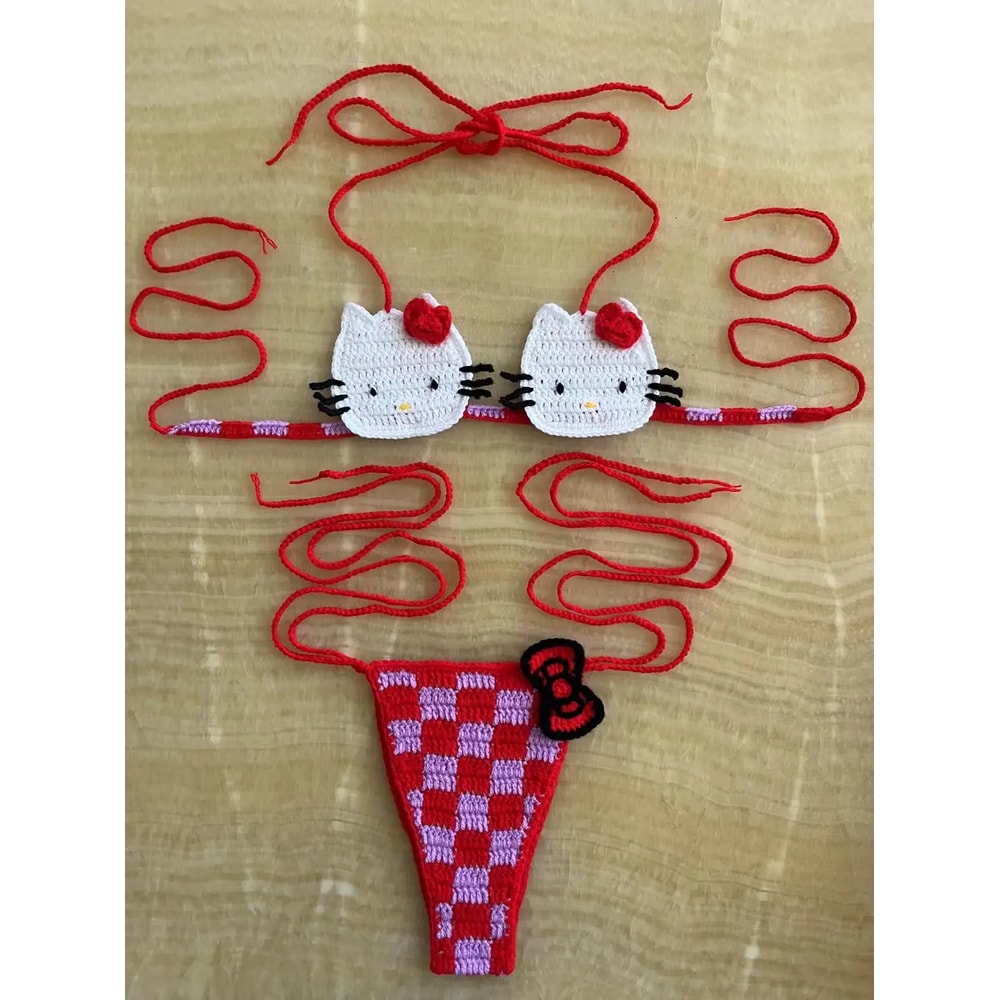 Hello Kitty Sexy Swimsuit Crochet Bikinis Set Thongs Bathing Suit Cute Ladys Micro Bikini Womens Sw 12