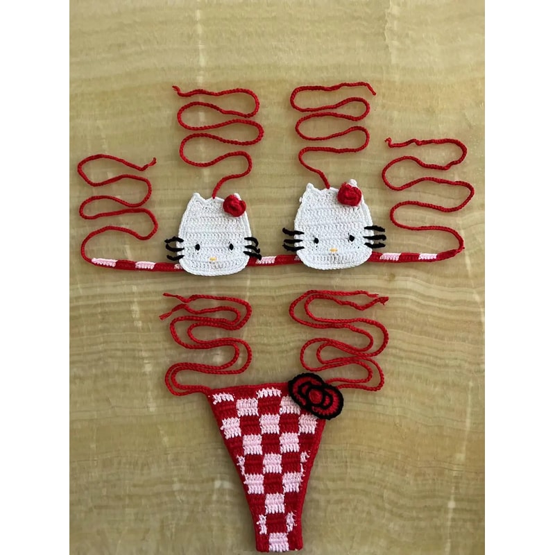 Hello Kitty Sexy Swimsuit Crochet Bikinis Set Thongs Bathing Suit Cute Ladys Micro Bikini Womens Sw 13