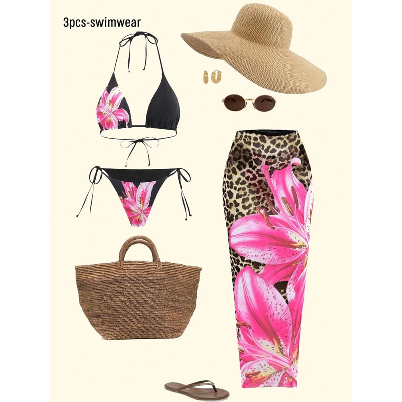 Sexy Printed Leopard Print Bikini Set LaceUp Top Triangle Swim Trunks For Women 1