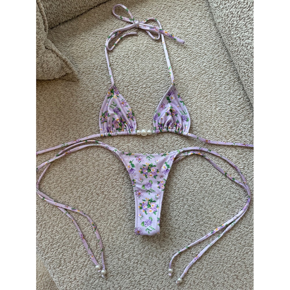 Sexy Micro Bikini Swimwear Women Push Up Bikini Set Luxury Print Halter Pearl Beachwear 1