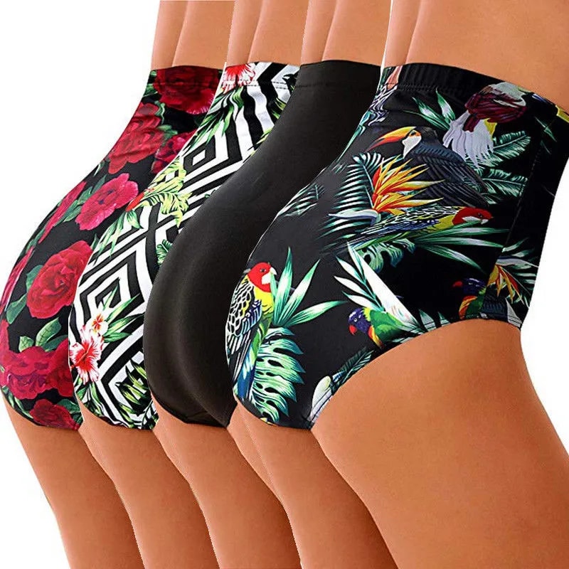 Floral Women Bikini Shorts Swimwear High Waist Tankini Bottoms Solid Color Beach Swimsuits 0