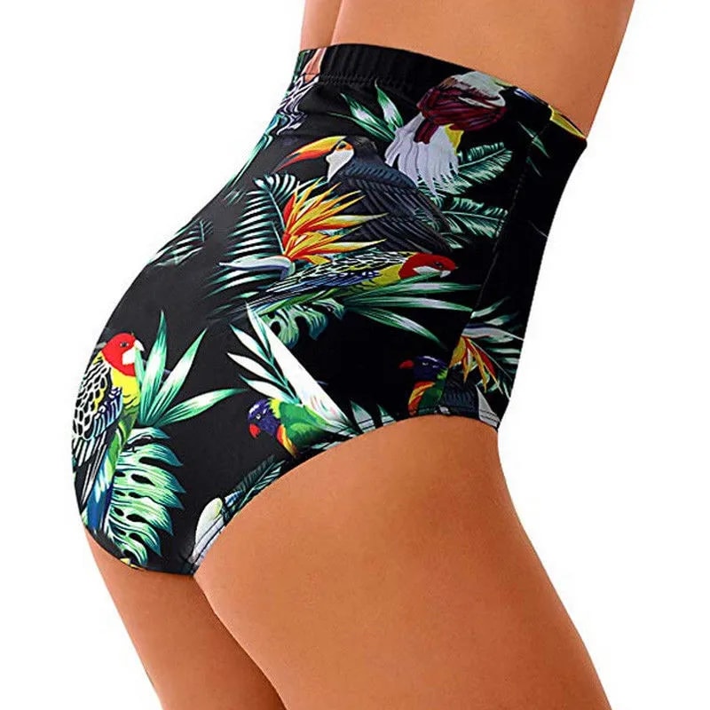 Floral Women Bikini Shorts Swimwear High Waist Tankini Bottoms Solid Color Beach Swimsuits 2