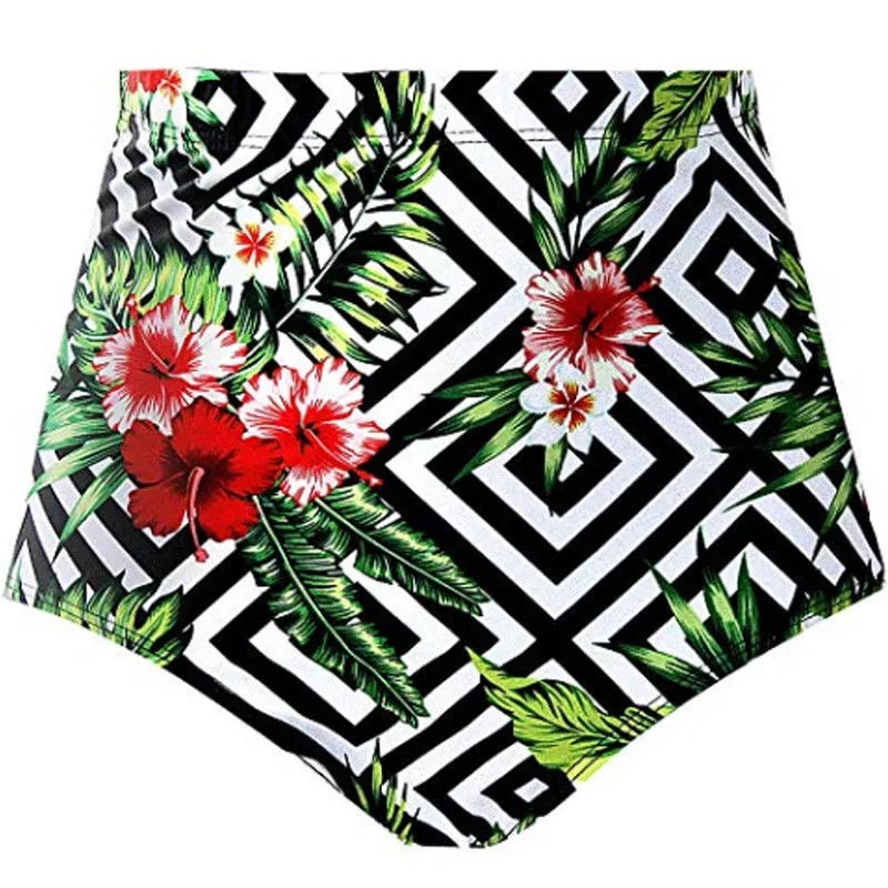 Floral Women Bikini Shorts Swimwear High Waist Tankini Bottoms Solid Color Beach Swimsuits 5