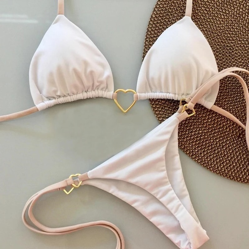 Stylish White Bikini Set For Women New Solid Color Low Waist Laceup Swimsuit Twopiece Fashionable S 1