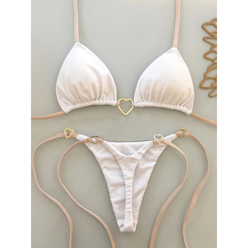 Stylish White Bikini Set For Women New Solid Color Low Waist Laceup Swimsuit Twopiece Fashionable S 4