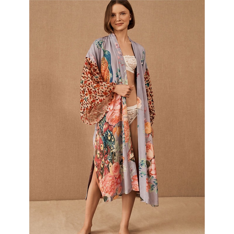Peacock Printed Beach Kimono for Women, Self Belted Wrap Dresses, Swimsuit Cover Up, Seaside Bathing Suits, Beachwear