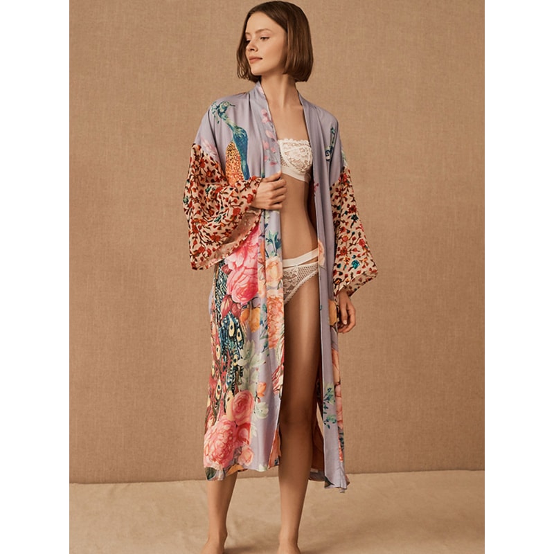 Peacock Printed Beach Kimono for Women, Self Belted Wrap Dresses, Swimsuit Cover Up, Seaside Bathing Suits, Beachwear