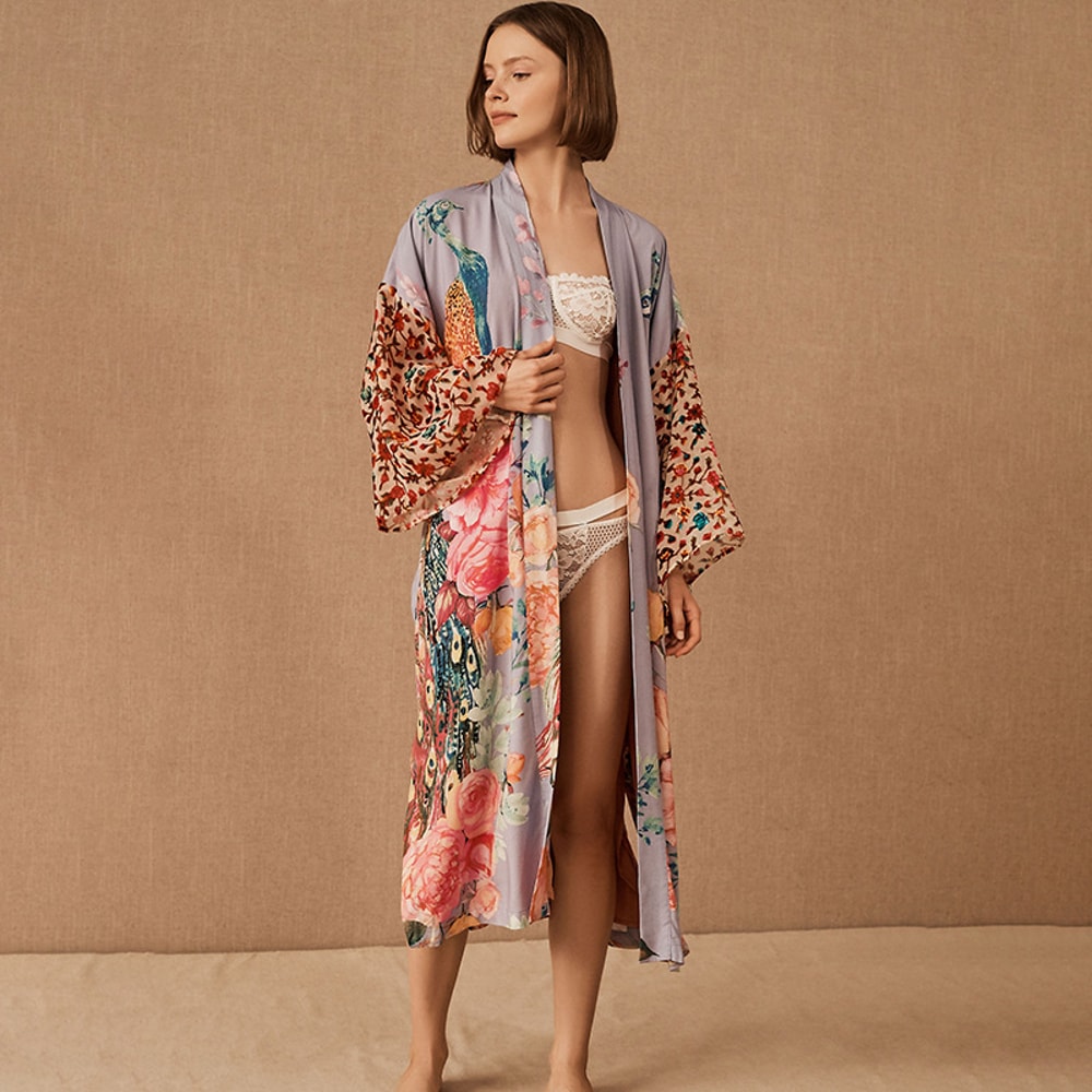 Peacock Printed Beach Kimono for Women, Self Belted Wrap Dresses, Swimsuit Cover Up, Seaside Bathing Suits, Beachwear