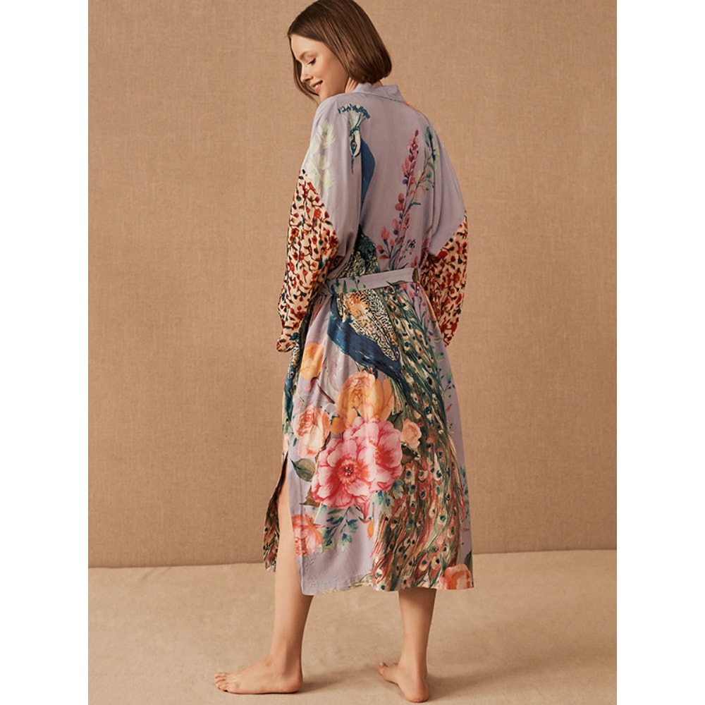 Peacock Printed Beach Kimono for Women, Self Belted Wrap Dresses, Swimsuit Cover Up, Seaside Bathing Suits, Beachwear