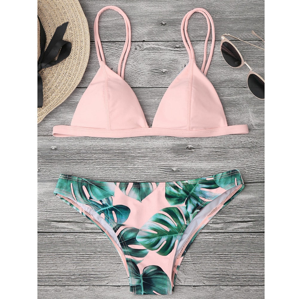 Leaves Print Swimwear Bikini Set For Women PushUp Padded Beachwear Bather Summer Bathing Set 0