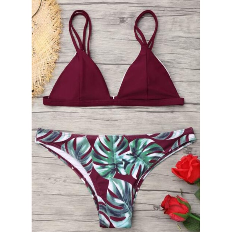 Leaves Print Swimwear Bikini Set For Women PushUp Padded Beachwear Bather Summer Bathing Set 4