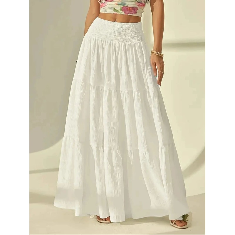Elastic Waist Women Fashion Tiered Maxi Skirt Aline Casual Solid Color Faldas Mujer Streetwear Long 6