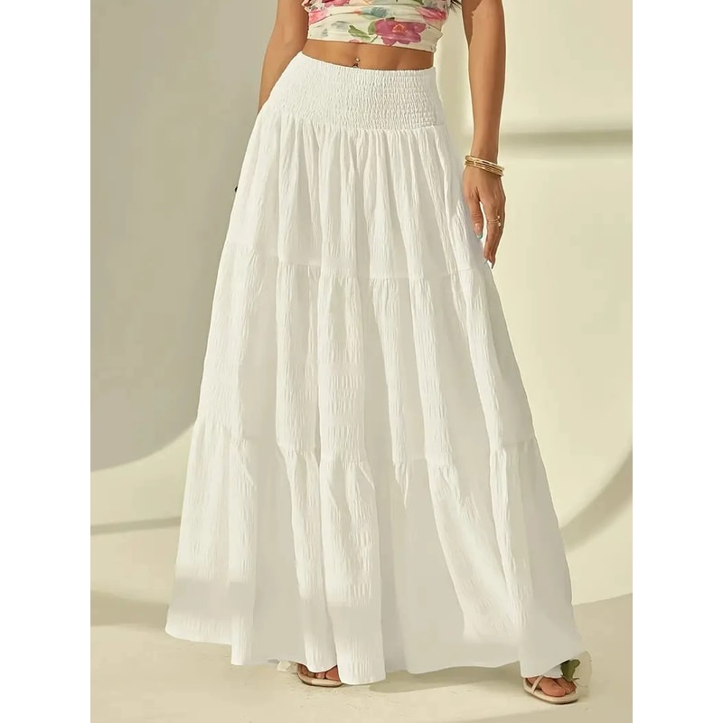 Elastic Waist Women Fashion Tiered Maxi Skirt Aline Casual Solid Color Faldas Mujer Streetwear Long 4