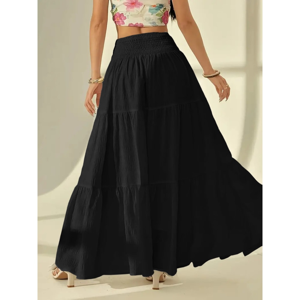 Elastic Waist Women Fashion Tiered Maxi Skirt Aline Casual Solid Color Faldas Mujer Streetwear Long 1