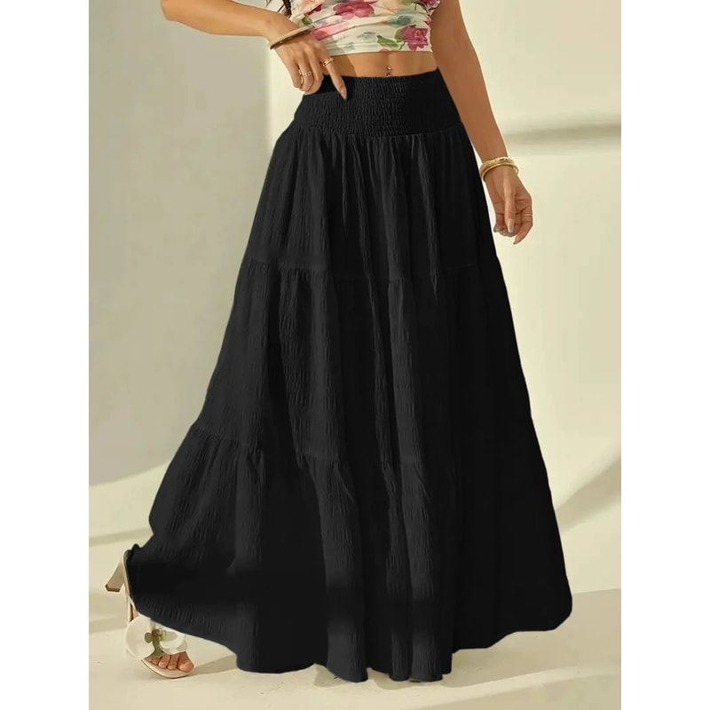 Elastic Waist Women Fashion Tiered Maxi Skirt Aline Casual Solid Color Faldas Mujer Streetwear Long 3