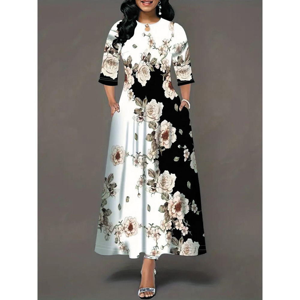 Women's Casual Dress Half Sleeve Round Neck Dress With Pockets