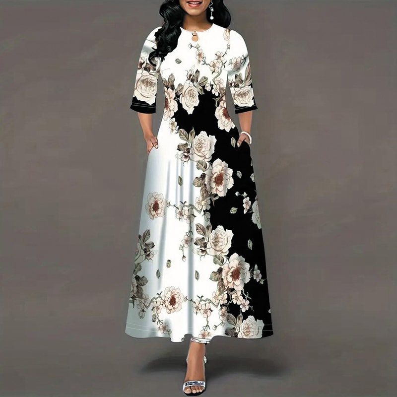 Women's Casual Dress Half Sleeve Round Neck Dress With Pockets