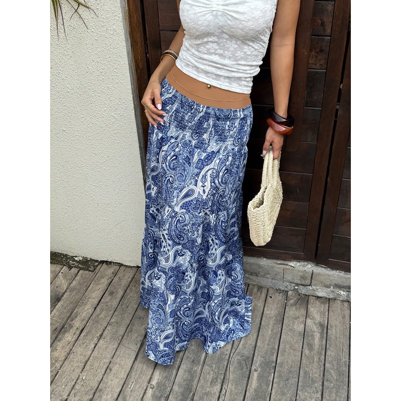 Stretchy Waist Long Maxi Skirt Flowy Vacation Style Beach Skirt With Elastic Waistband 4