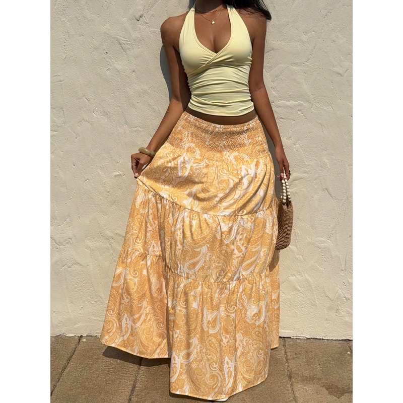 Stretchy Waist Long Maxi Skirt Flowy Vacation Style Beach Skirt With Elastic Waistband 6