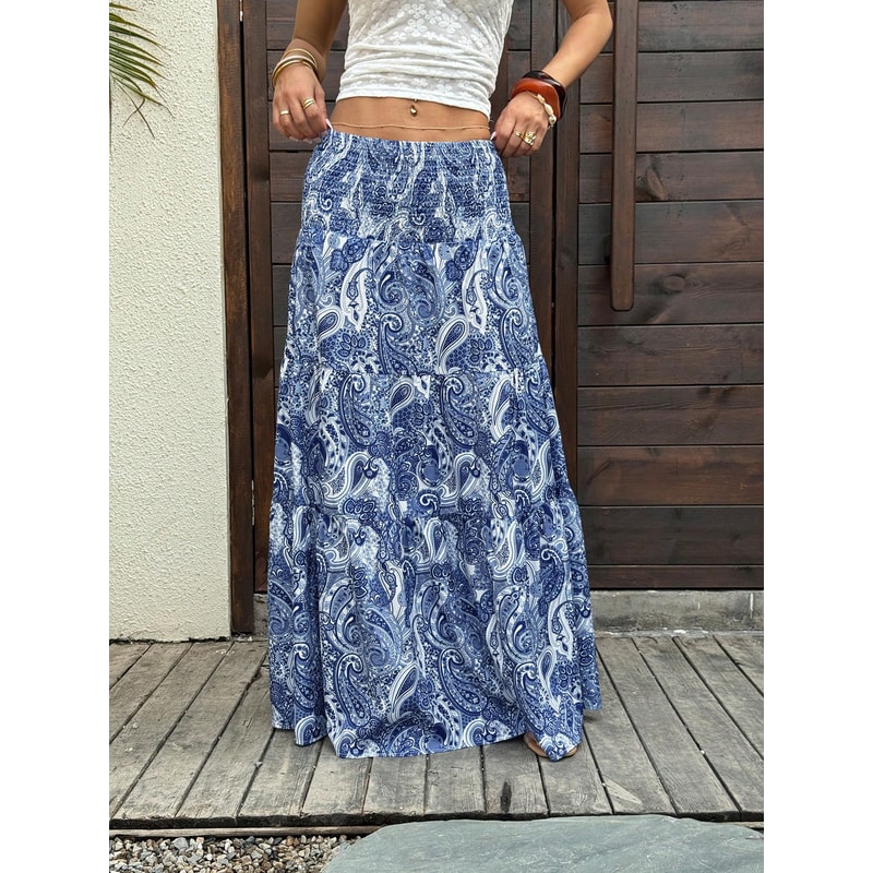 Stretchy Waist Long Maxi Skirt Flowy Vacation Style Beach Skirt With Elastic Waistband 7