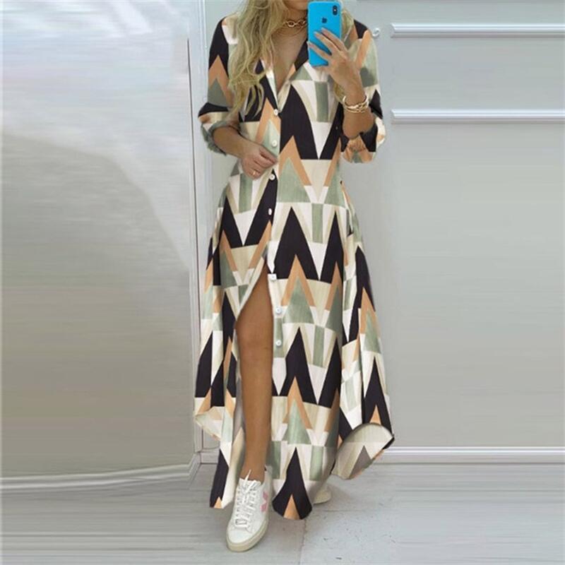 Summer Women Boho Printed Maxi Dresses Turndown Collar Long Sleeve Casual Split Shirt Elegant Dress 5