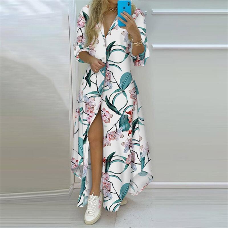 Summer Women Boho Printed Maxi Dresses Turndown Collar Long Sleeve Casual Split Shirt Elegant Dress 6