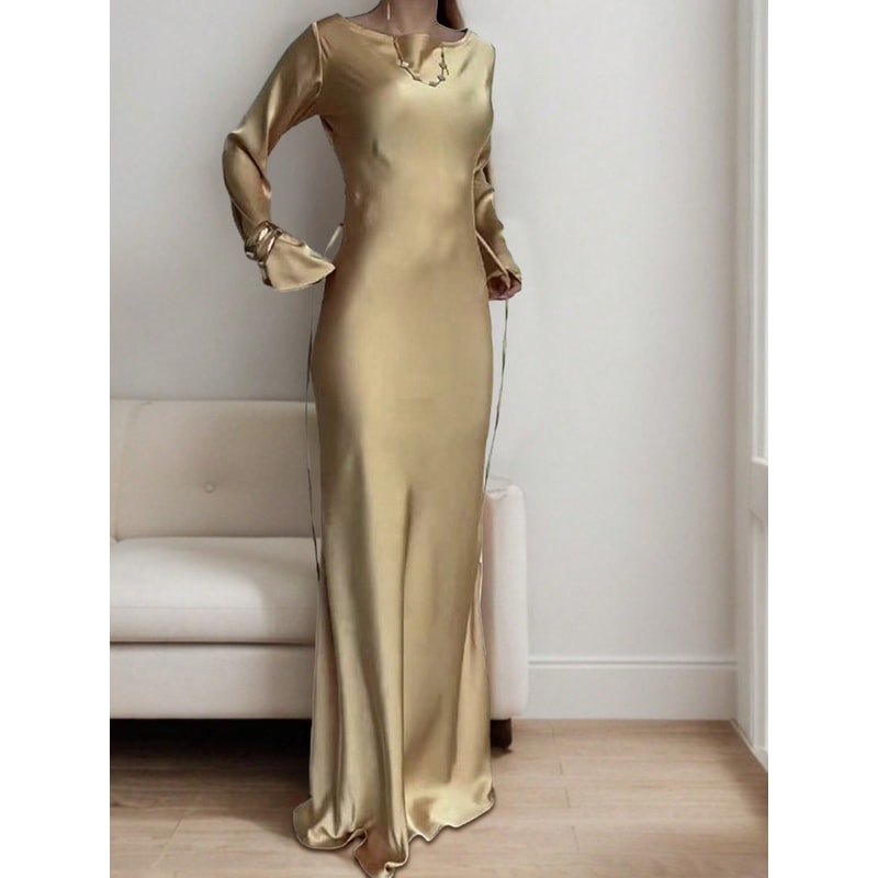 Luxury Evening Dress Womens Bespoke Satin Maxi Dress With Corset Waist Tie And Classic Round Neck 0