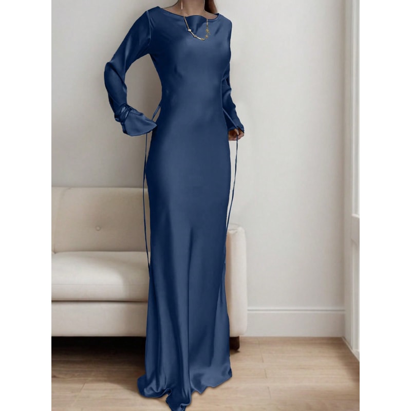 Luxury Evening Dress Womens Bespoke Satin Maxi Dress With Corset Waist Tie And Classic Round Neck 2