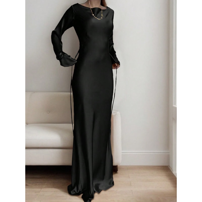 Luxury Evening Dress Womens Bespoke Satin Maxi Dress With Corset Waist Tie And Classic Round Neck 3
