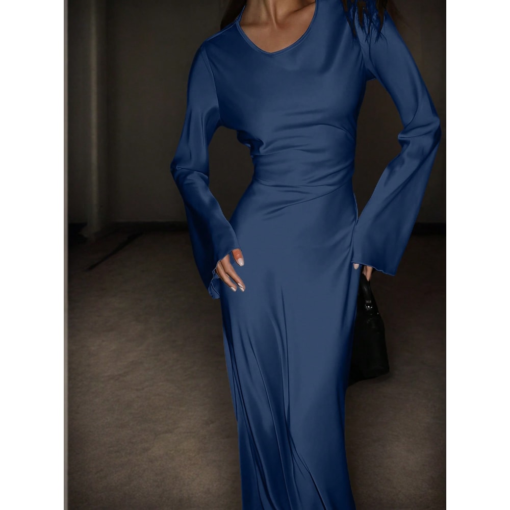 Luxury Evening Dress Womens Bespoke Satin Maxi Dress With Corset Waist Tie And Classic Round Neck 5