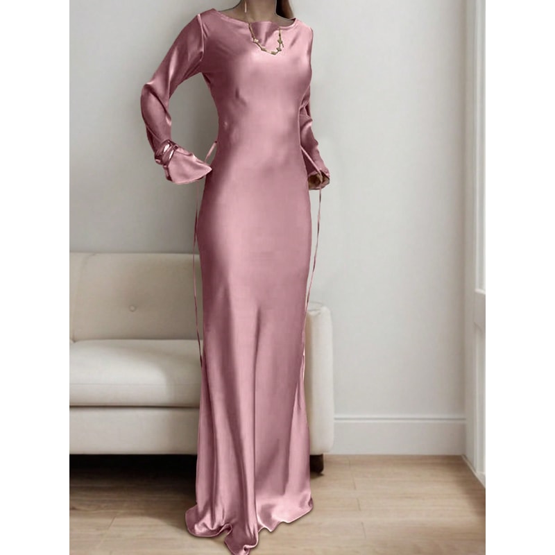 Luxury Evening Dress Womens Bespoke Satin Maxi Dress With Corset Waist Tie And Classic Round Neck 4