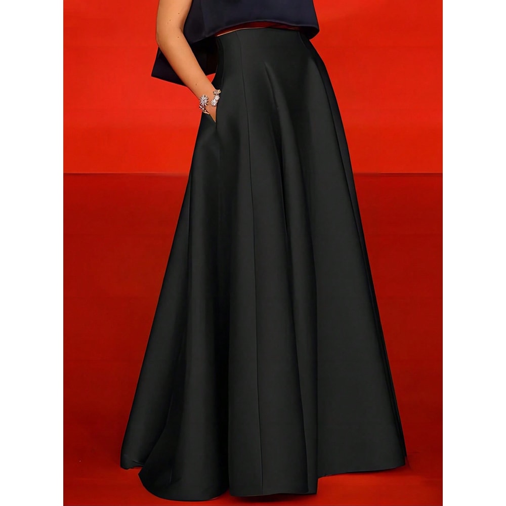 High Quality Black Elegant Satin Aline Long Skirts For Women Solid Party Maxi Skirt With Pockets La 0