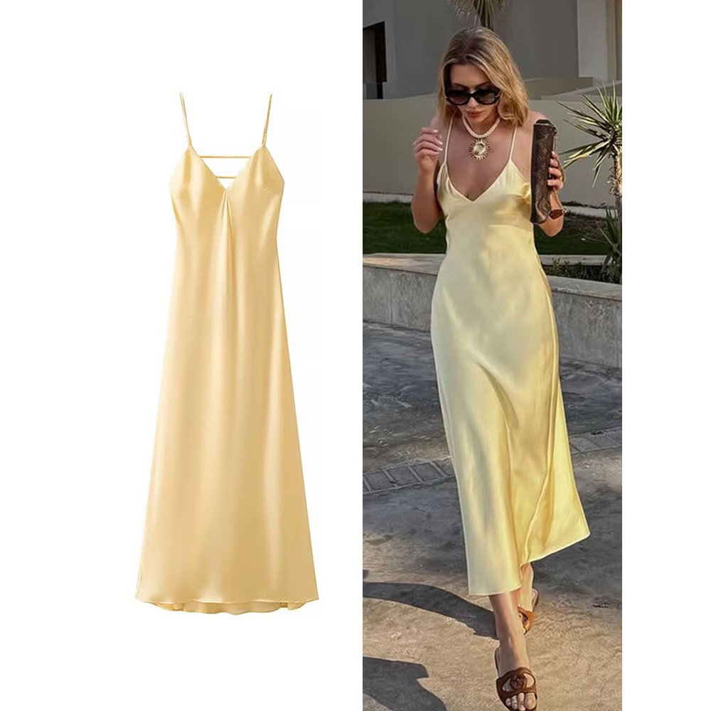 Elegant Women Summer Yellow Stain V Neck Sling Dress Loose Maxi Robes Sleeveless Party Dresses 0