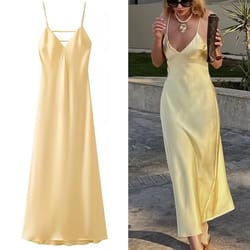 elegant women summer yellow stain v neck sling dress loose maxi robes sleeveless party dresses