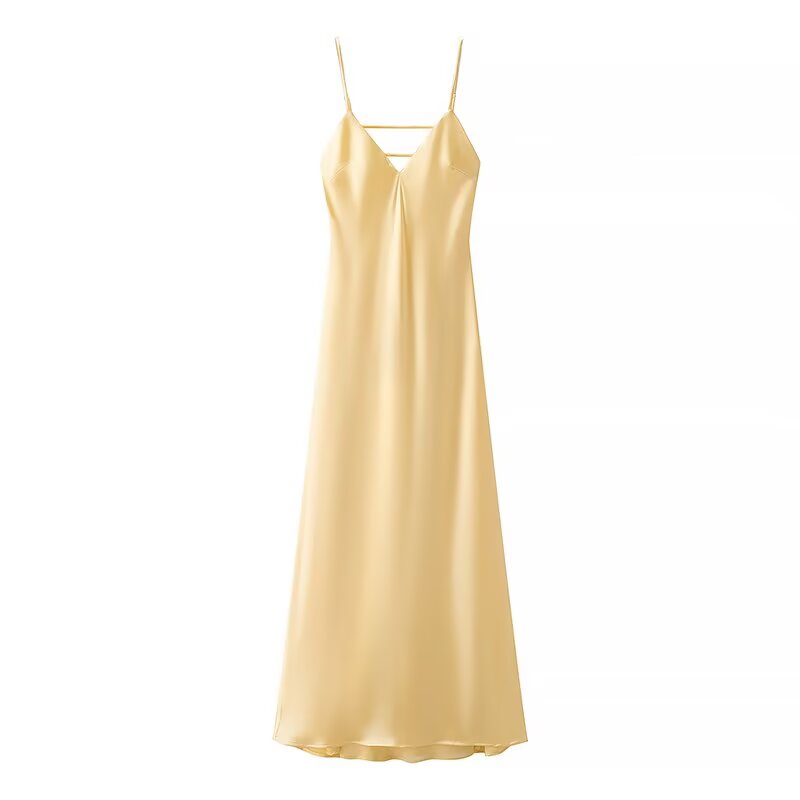 Elegant Women Summer Yellow Stain V Neck Sling Dress Loose Maxi Robes Sleeveless Party Dresses 6